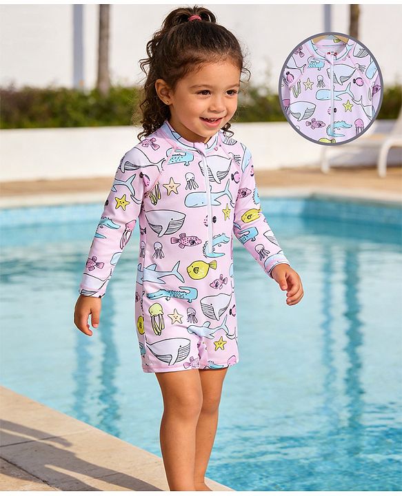Babyhug Raglan Full Sleeves Sea Life Printed Legged Swimsuit - Multicolour