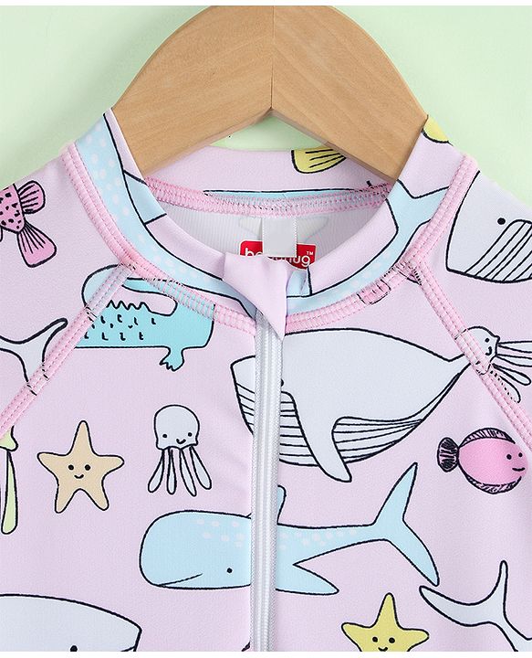 Babyhug Raglan Full Sleeves Sea Life Printed Legged Swimsuit - Multicolour