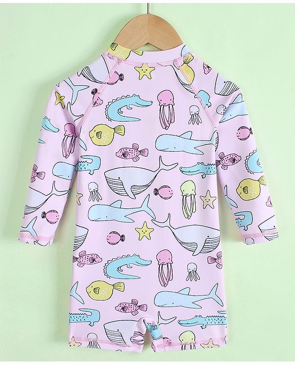 Babyhug Raglan Full Sleeves Sea Life Printed Legged Swimsuit - Multicolour