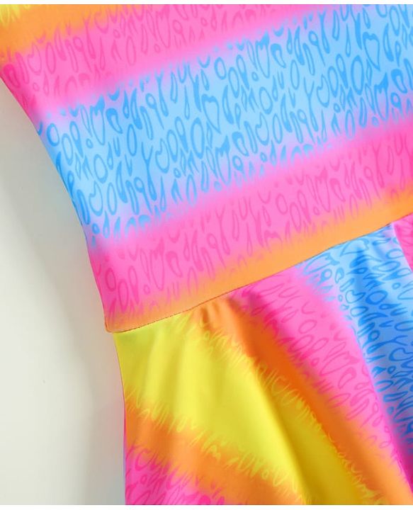 Babyhug Sleeveless Striped & Printed Frock Swimsuit with Cap - Multicolor