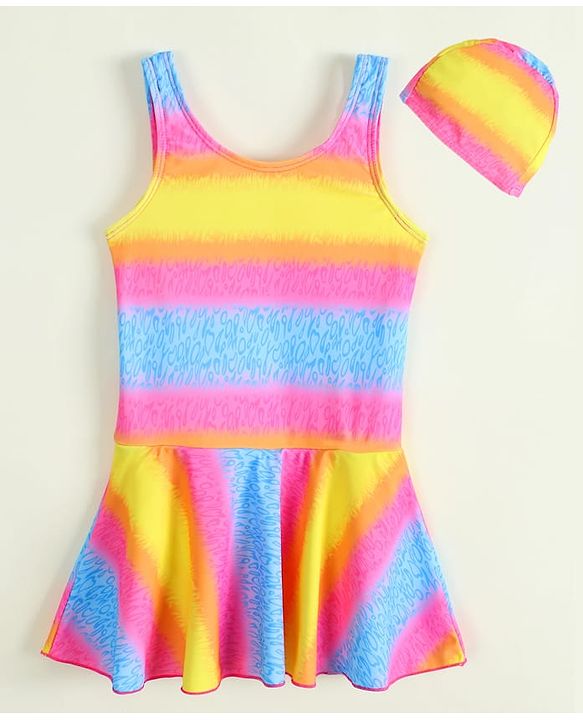 Babyhug Sleeveless Striped & Printed Frock Swimsuit with Cap - Multicolor