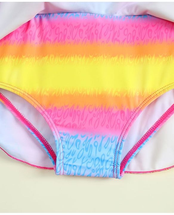 Babyhug Sleeveless Striped & Printed Frock Swimsuit with Cap - Multicolor