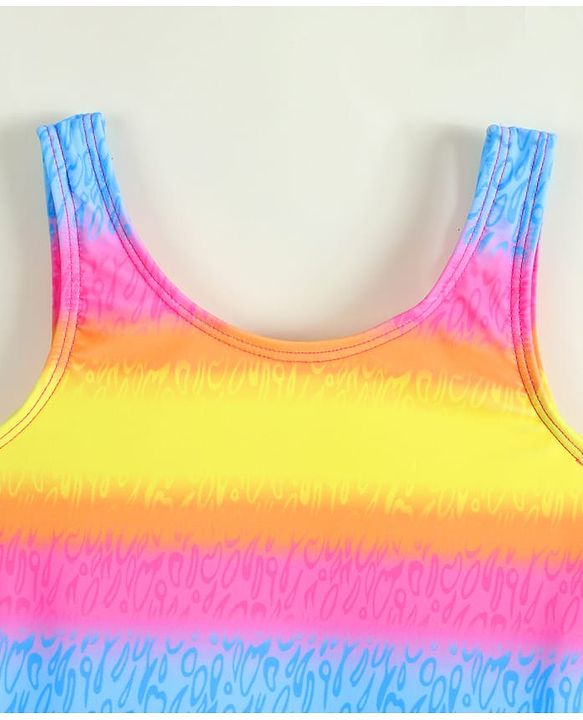 Babyhug Sleeveless Striped & Printed Frock Swimsuit with Cap - Multicolor