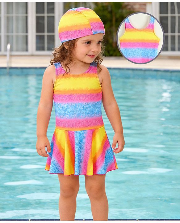 Babyhug Sleeveless Striped & Printed Frock Swimsuit with Cap - Multicolor