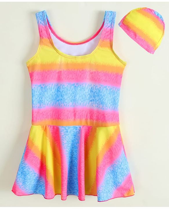 Babyhug Sleeveless Striped & Printed Frock Swimsuit with Cap - Multicolor