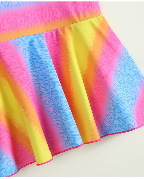 Babyhug Sleeveless Striped & Printed Frock Swimsuit with Cap - Multicolor