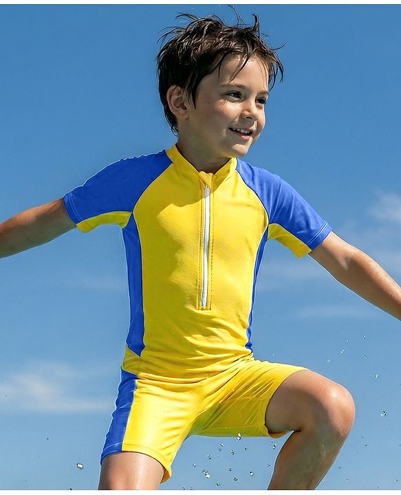 Pine Active Raglan Half Sleeves Solid Legged Swimsuit - Yellow
