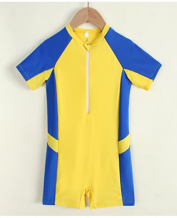 Pine Active Raglan Half Sleeves Solid Legged Swimsuit - Yellow