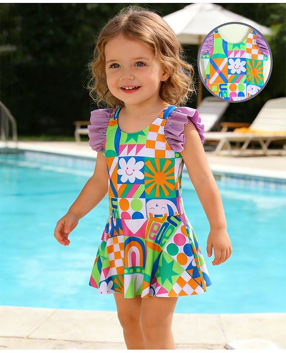 Babyhug Frill Sleeves Frock Swimsuit with Tropical Theme - Multicolor