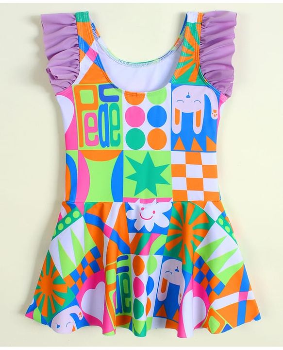 Babyhug Frill Sleeves Frock Swimsuit with Tropical Theme - Multicolor