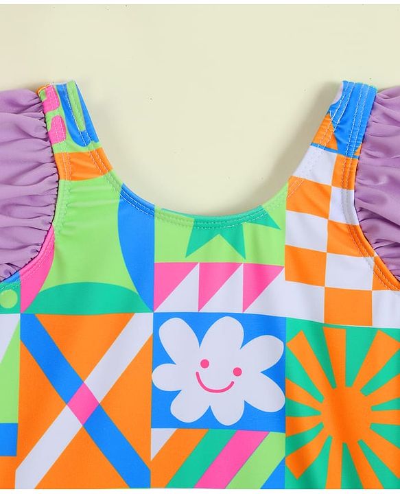 Babyhug Frill Sleeves Frock Swimsuit with Tropical Theme - Multicolor