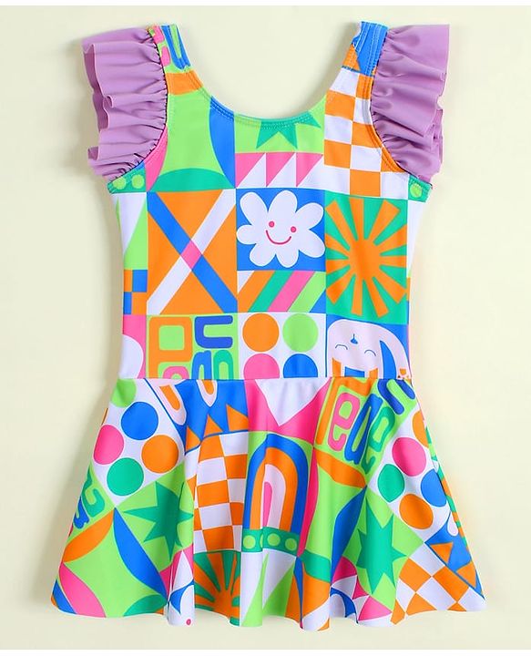 Babyhug Frill Sleeves Frock Swimsuit with Tropical Theme - Multicolor