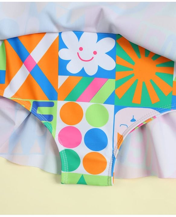 Babyhug Frill Sleeves Frock Swimsuit with Tropical Theme - Multicolor