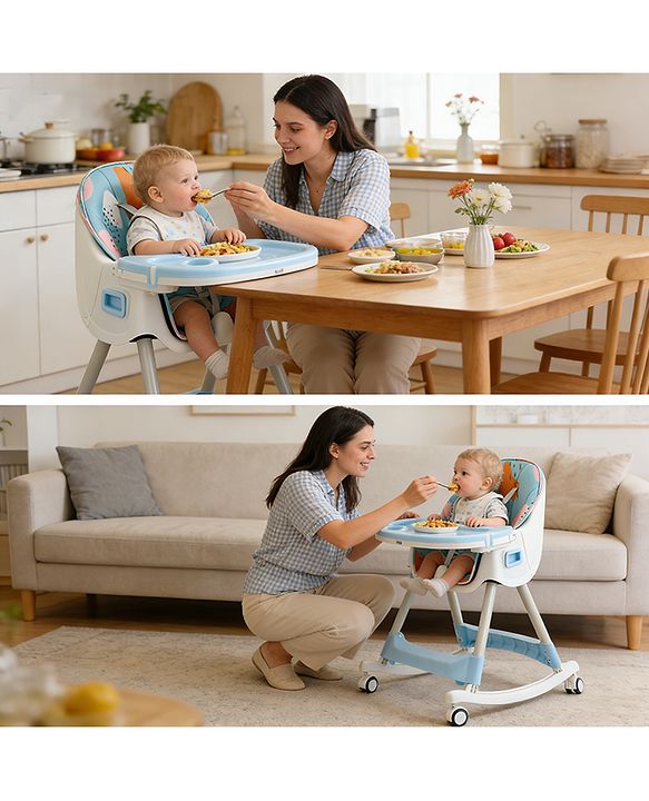 Babyhug 3-in-1 Convertible High Chair - Green| 5-Point Safety Harness| Dual Detachable Food Tray| Adjustable & Foldable Design| Removable Wheels with Brakes| Anti-Skid Base| Toddler & Rocking Chair