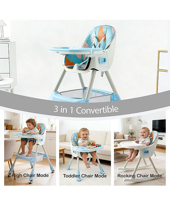 Babyhug 3-in-1 Convertible High Chair - Green| 5-Point Safety Harness| Dual Detachable Food Tray| Adjustable & Foldable Design| Removable Wheels with Brakes| Anti-Skid Base| Toddler & Rocking Chair