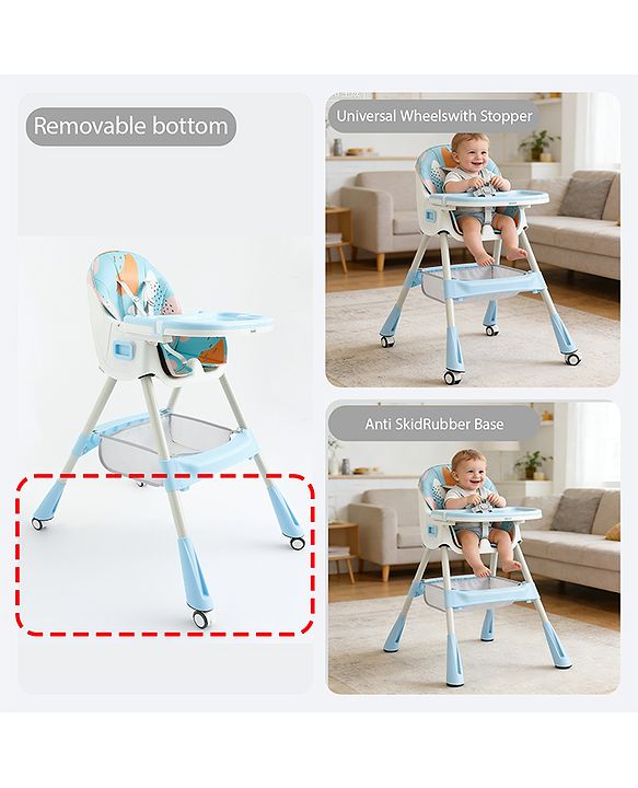 Babyhug 3-in-1 Convertible High Chair - Green| 5-Point Safety Harness| Dual Detachable Food Tray| Adjustable & Foldable Design| Removable Wheels with Brakes| Anti-Skid Base| Toddler & Rocking Chair