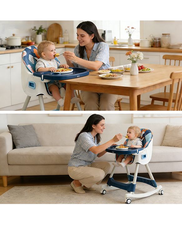 Babyhug 3-in-1 Convertible High Chair - Green| 5-Point Safety Harness| Dual Detachable Food Tray| Adjustable & Foldable Design| Removable Wheels with Brakes| Anti-Skid Base| Toddler & Rocking Chair