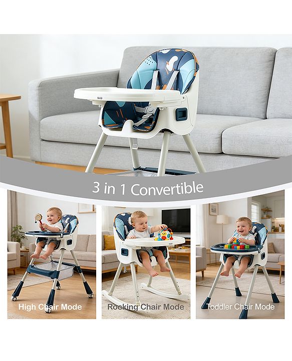 Babyhug 3-in-1 Convertible High Chair - Green| 5-Point Safety Harness| Dual Detachable Food Tray| Adjustable & Foldable Design| Removable Wheels with Brakes| Anti-Skid Base| Toddler & Rocking Chair