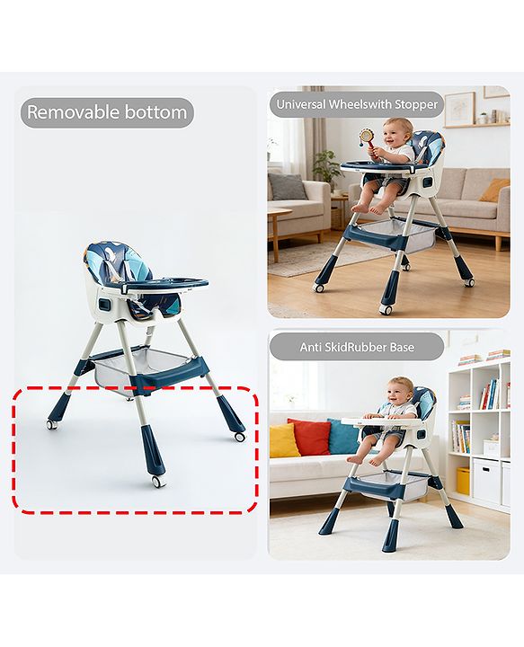 Babyhug 3-in-1 Convertible High Chair - Green| 5-Point Safety Harness| Dual Detachable Food Tray| Adjustable & Foldable Design| Removable Wheels with Brakes| Anti-Skid Base| Toddler & Rocking Chair
