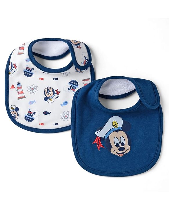 Babyhug Disney Mickey Sailor Print Premium Bibs Pack of 2 - White & Navy| Soft & Skin Friendly| Absorbent Material| Feeding & Drool Protection| Machine Washable| Easy Velcro Closure