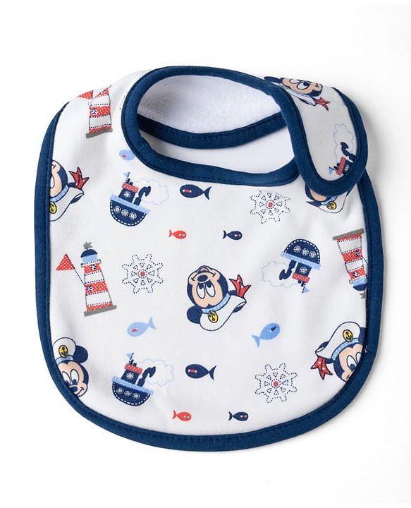 Babyhug Disney Mickey Sailor Print Premium Bibs Pack of 2 - White & Navy| Soft & Skin Friendly| Absorbent Material| Feeding & Drool Protection| Machine Washable| Easy Velcro Closure