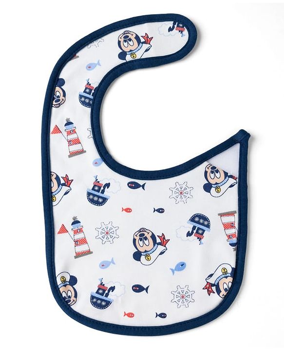 Babyhug Disney Mickey Sailor Print Premium Bibs Pack of 2 - White & Navy| Soft & Skin Friendly| Absorbent Material| Feeding & Drool Protection| Machine Washable| Easy Velcro Closure