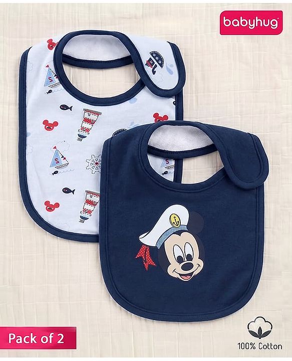Babyhug Disney Mickey Sailor Print Premium Bibs Pack of 2 - Blue & Navy| Soft & Skin Friendly| Absorbent Material| Feeding & Drool Protection| Machine Washable| Easy Velcro Closure