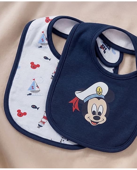 Babyhug Disney Mickey Sailor Print Premium Bibs Pack of 2 - Blue & Navy| Soft & Skin Friendly| Absorbent Material| Feeding & Drool Protection| Machine Washable| Easy Velcro Closure