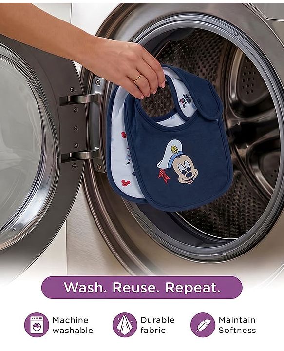 Babyhug Disney Mickey Sailor Print Premium Bibs Pack of 2 - Blue & Navy| Soft & Skin Friendly| Absorbent Material| Feeding & Drool Protection| Machine Washable| Easy Velcro Closure