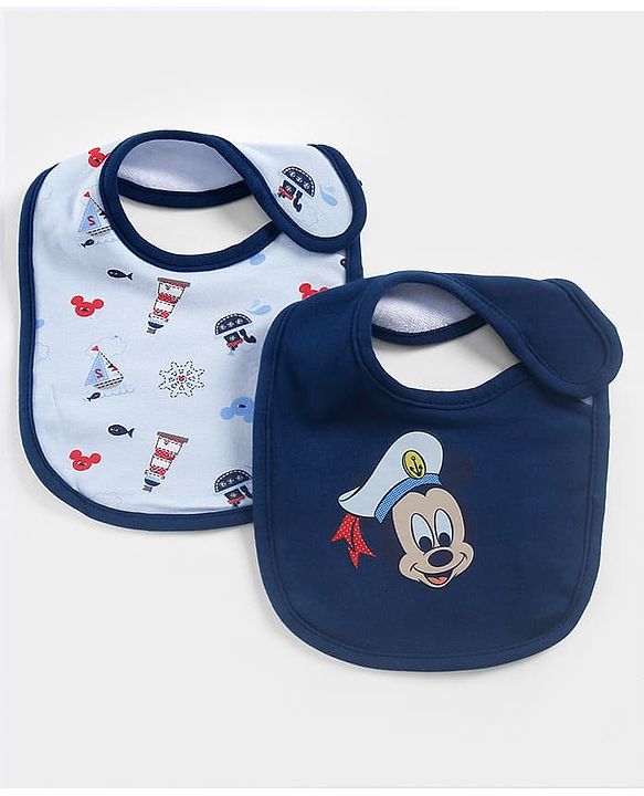 Babyhug Disney Mickey Sailor Print Premium Bibs Pack of 2 - Blue & Navy| Soft & Skin Friendly| Absorbent Material| Feeding & Drool Protection| Machine Washable| Easy Velcro Closure