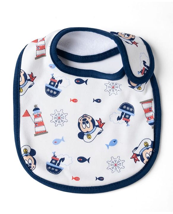 Babyhug Disney Mickey Sailor Print Premium Bibs Pack of 3 - White, Blue & Navy| Soft & Skin Friendly| Absorbent Material| Feeding & Drool Protection| Machine Washable| Easy Velcro Closure
