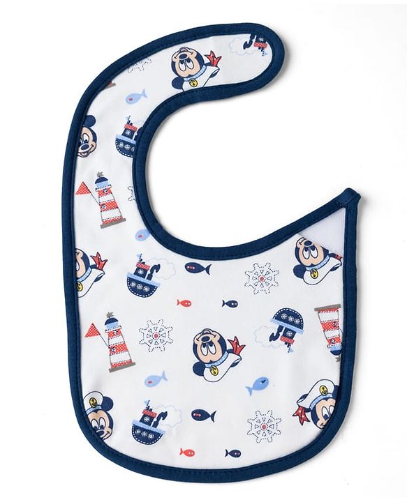 Babyhug Disney Mickey Sailor Print Premium Bibs Pack of 3 - White, Blue & Navy| Soft & Skin Friendly| Absorbent Material| Feeding & Drool Protection| Machine Washable| Easy Velcro Closure