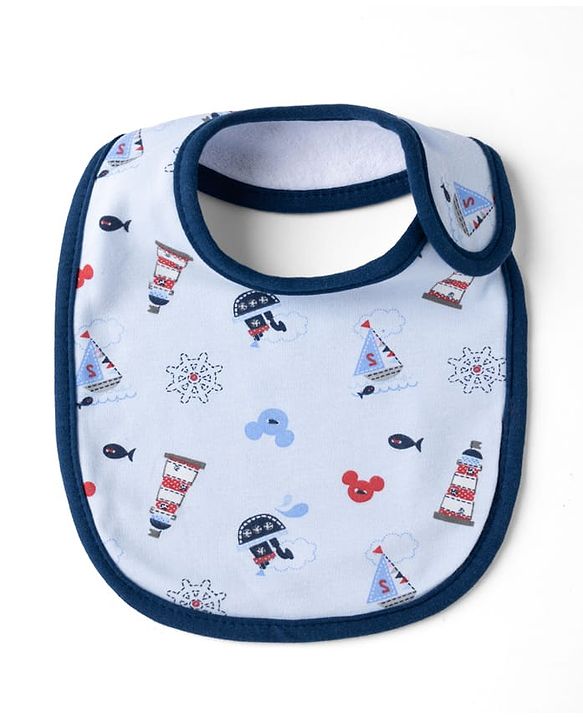 Babyhug Disney Mickey Sailor Print Premium Bibs Pack of 3 - White, Blue & Navy| Soft & Skin Friendly| Absorbent Material| Feeding & Drool Protection| Machine Washable| Easy Velcro Closure