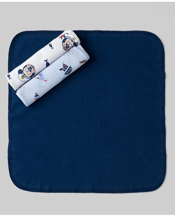 Babyhug Disney Premium Wash Cloths Pack of 3 Sailor Mickey Print - White, Blue & Navy| Soft & Gentle| Highly Absorbent| Multipurpose Baby Care Essential| Machine Washable| Soft & Breathable
