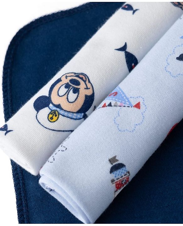 Babyhug Disney Premium Wash Cloths Pack of 3 Sailor Mickey Print - White, Blue & Navy| Soft & Gentle| Highly Absorbent| Multipurpose Baby Care Essential| Machine Washable| Soft & Breathable