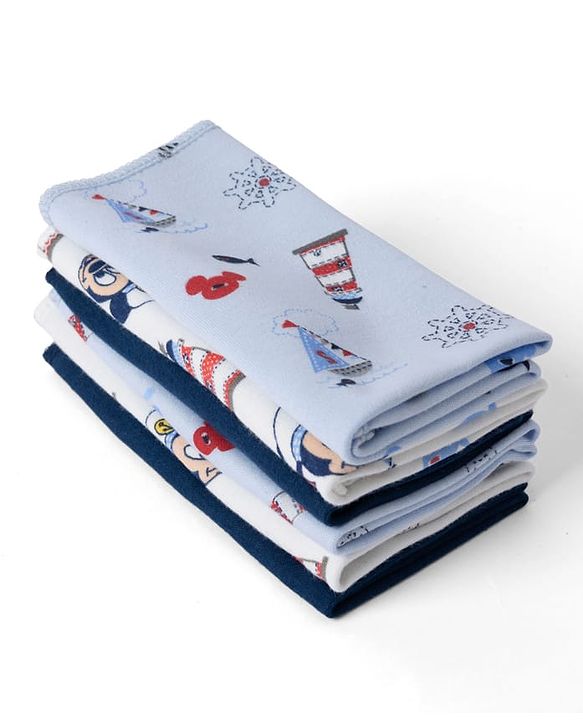 Babyhug Disney Mickey Sailor Print Premium Wash Cloths Pack of 6 - White, Blue & Navy| Soft & Gentle| Highly Absorbent| Multipurpose Baby Care Essential| Machine Washable