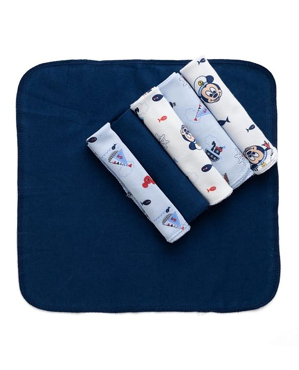 Babyhug Disney Mickey Sailor Print Premium Wash Cloths Pack of 6 - White, Blue & Navy| Soft & Gentle| Highly Absorbent| Multipurpose Baby Care Essential| Machine Washable