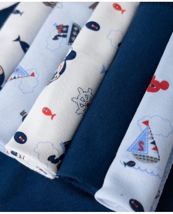 Babyhug Disney Mickey Sailor Print Premium Wash Cloths Pack of 6 - White, Blue & Navy| Soft & Gentle| Highly Absorbent| Multipurpose Baby Care Essential| Machine Washable