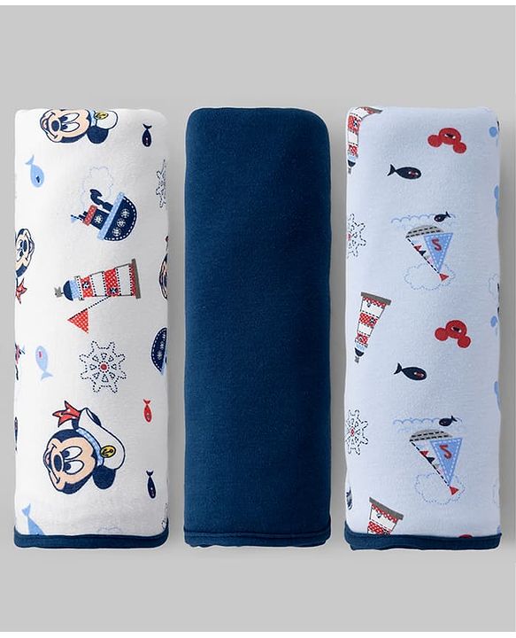 Babyhug Disney Mickey Sailor Print Premium Cotton Wrappers Pack of 3 - White, Blue & Navy| Soft & Breathable| Lightweight | Multi-Purpose Baby Wrapper| 0-12 Months| Travel Friendly