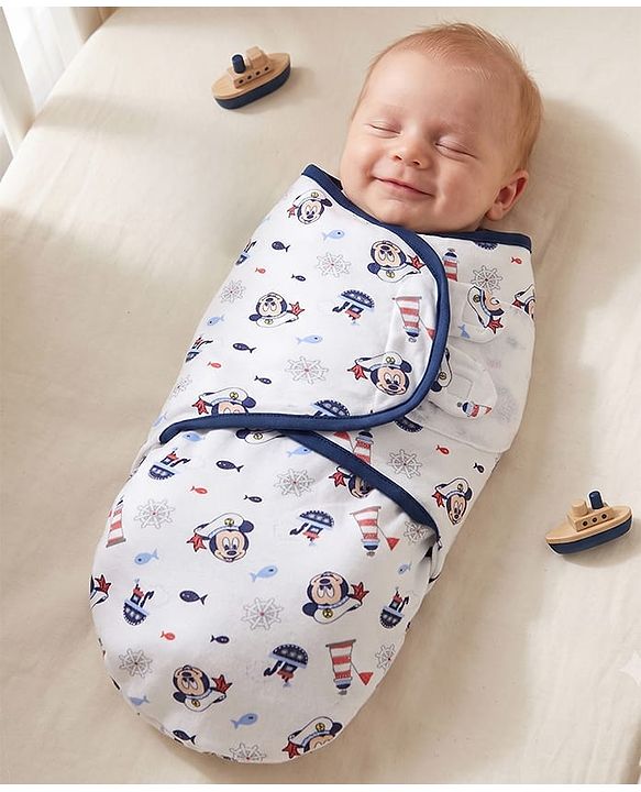 Babyhug Disney Sailor Mickey Premium Swaddle Wrapper - White Soft Breathable Cotton Adjustable Velcro Closure Gentle on Baby's Skin 0-6 Months Prevents Startling Reflex Travel Friendly