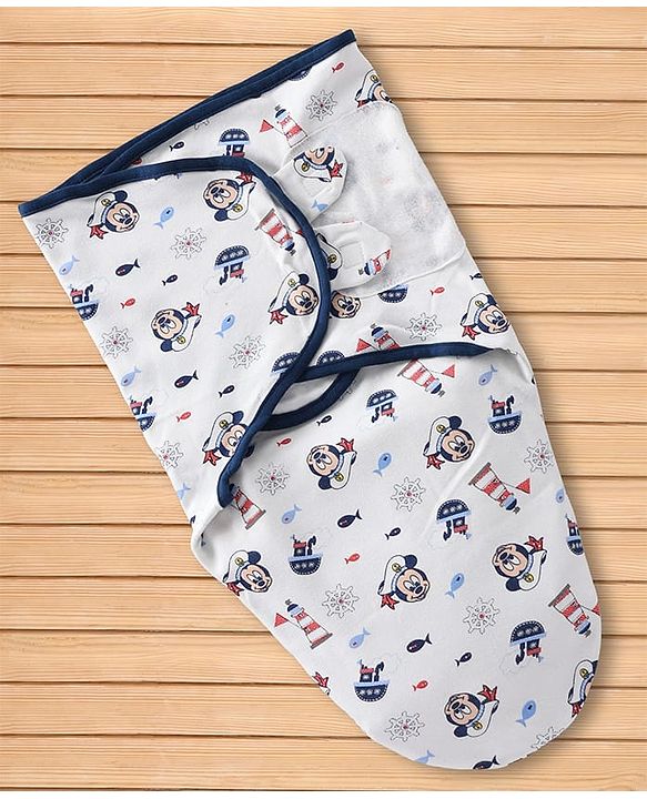 Babyhug Disney Sailor Mickey Premium Swaddle Wrapper - White Soft Breathable Cotton Adjustable Velcro Closure Gentle on Baby's Skin 0-6 Months Prevents Startling Reflex Travel Friendly