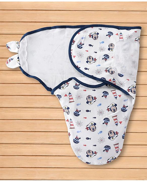 Babyhug Disney Sailor Mickey Premium Swaddle Wrapper - White Soft Breathable Cotton Adjustable Velcro Closure Gentle on Baby's Skin 0-6 Months Prevents Startling Reflex Travel Friendly