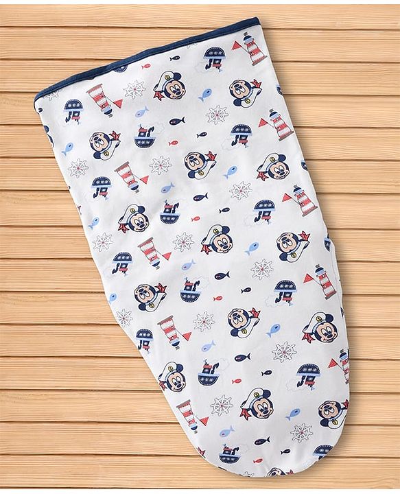 Babyhug Disney Sailor Mickey Premium Swaddle Wrapper - White Soft Breathable Cotton Adjustable Velcro Closure Gentle on Baby's Skin 0-6 Months Prevents Startling Reflex Travel Friendly
