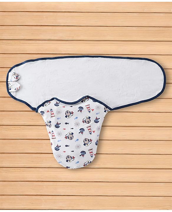 Babyhug Disney Sailor Mickey Premium Swaddle Wrapper - White Soft Breathable Cotton Adjustable Velcro Closure Gentle on Baby's Skin 0-6 Months Prevents Startling Reflex Travel Friendly