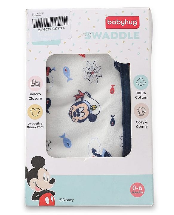 Babyhug Disney Sailor Mickey Premium Swaddle Wrapper - White Soft Breathable Cotton Adjustable Velcro Closure Gentle on Baby's Skin 0-6 Months Prevents Startling Reflex Travel Friendly