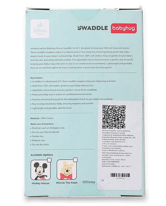 Babyhug Disney Sailor Mickey Premium Swaddle Wrapper - White Soft Breathable Cotton Adjustable Velcro Closure Gentle on Baby's Skin 0-6 Months Prevents Startling Reflex Travel Friendly