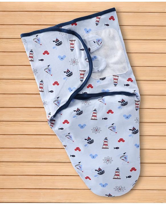 Babyhug Disney Sailor Mickey Premium Swaddle Wrapper - Blue Soft Breathable Cotton Adjustable Velcro Closure| Gentle on Baby's Skin 0-6 Months Prevents Startling Reflex Travel Friendly