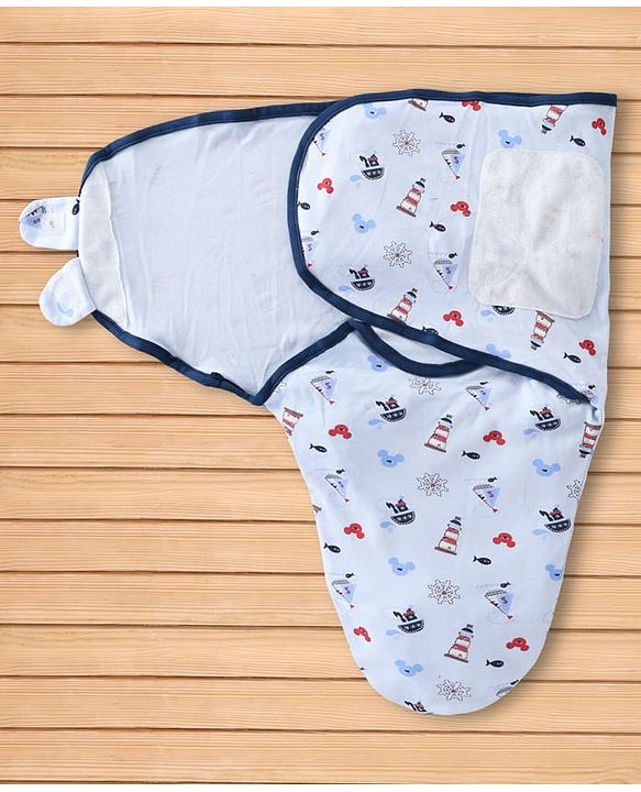 Babyhug Disney Sailor Mickey Premium Swaddle Wrapper - Blue Soft Breathable Cotton Adjustable Velcro Closure| Gentle on Baby's Skin 0-6 Months Prevents Startling Reflex Travel Friendly