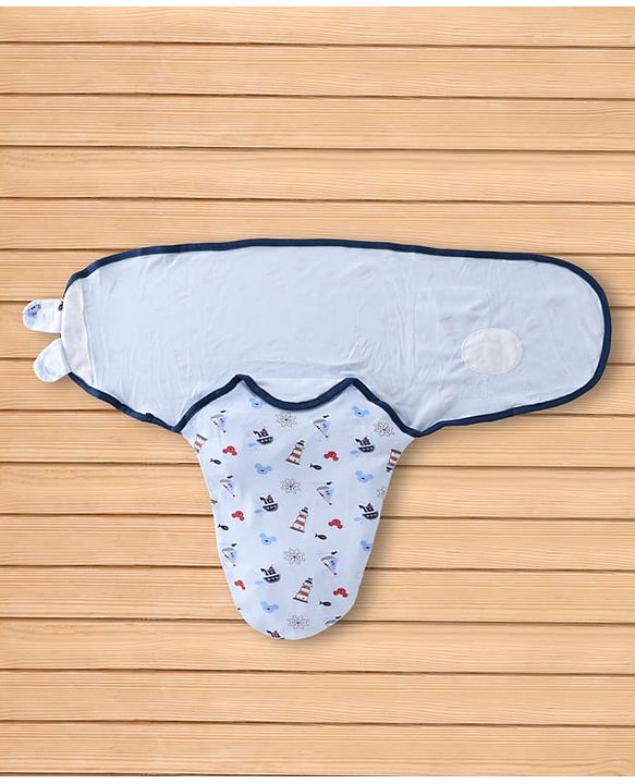 Babyhug Disney Sailor Mickey Premium Swaddle Wrapper - Blue Soft Breathable Cotton Adjustable Velcro Closure| Gentle on Baby's Skin 0-6 Months Prevents Startling Reflex Travel Friendly