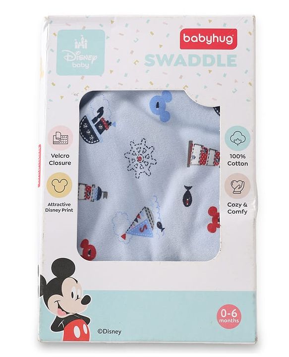 Babyhug Disney Sailor Mickey Premium Swaddle Wrapper - Blue Soft Breathable Cotton Adjustable Velcro Closure| Gentle on Baby's Skin 0-6 Months Prevents Startling Reflex Travel Friendly